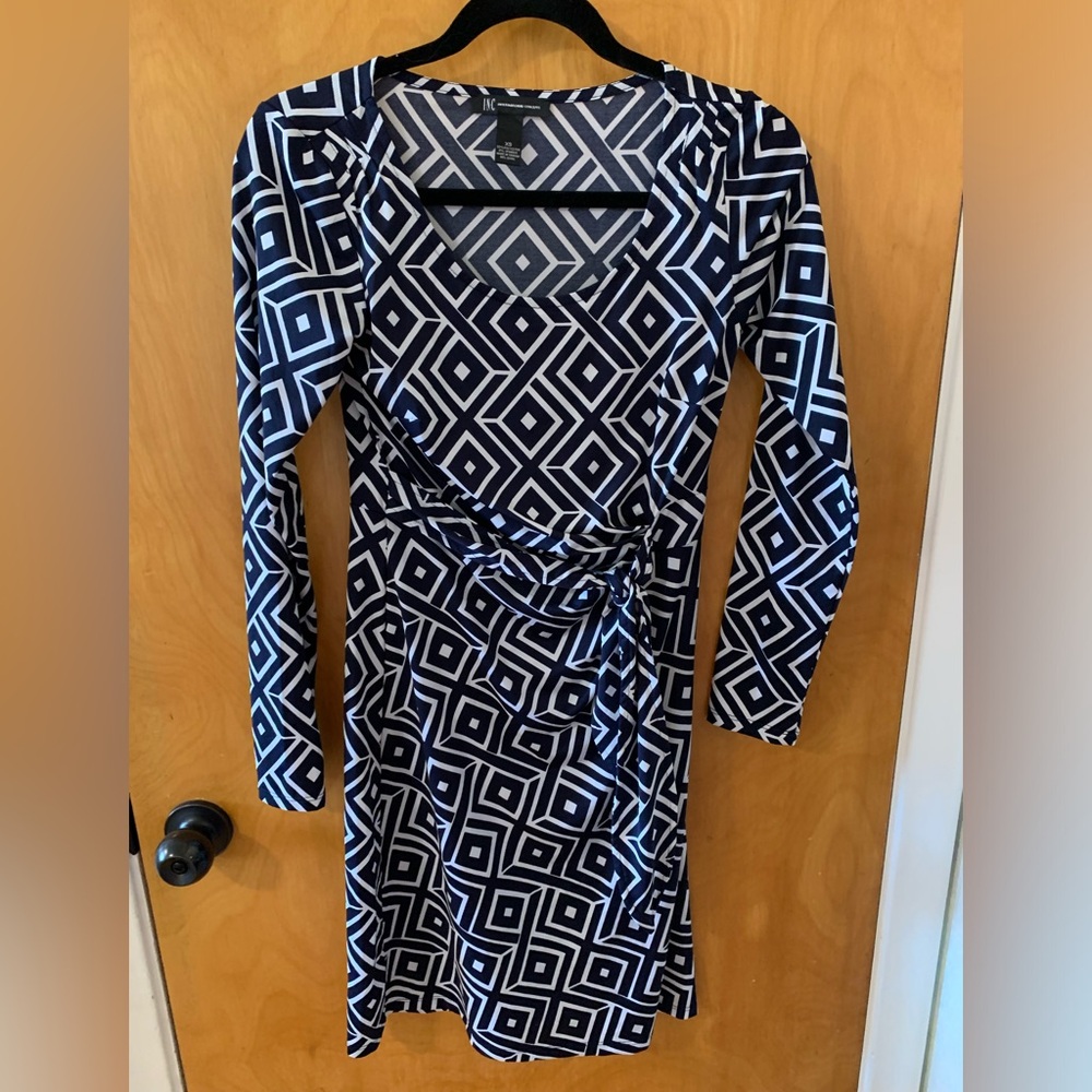 INC Geometric Wrap Dress - Dark Navy and White